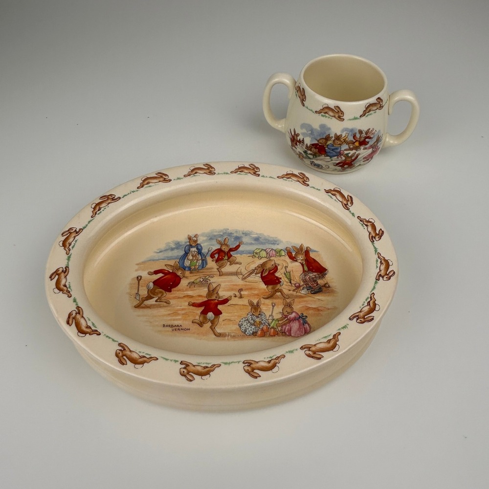 Royal Doulton Bunnykins Oval Bowl Mug Set Bone China England‎ Vintage Set of 2 - Picture 2 of 9